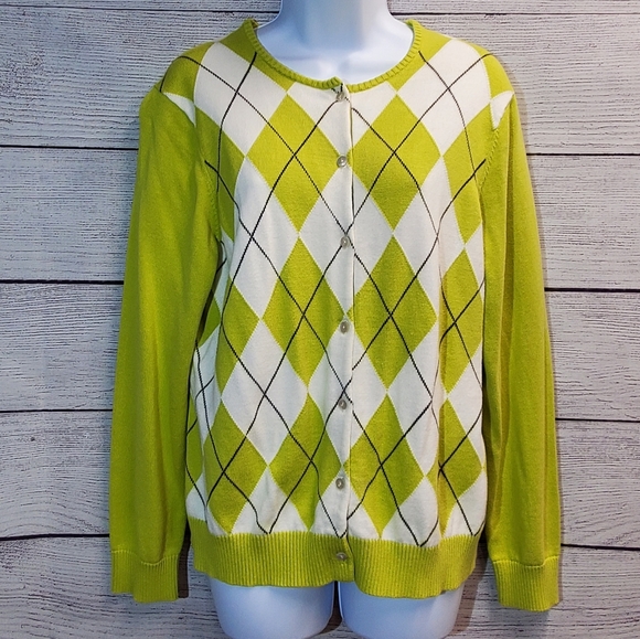 Lands End Argyle Cardigan White Lime 